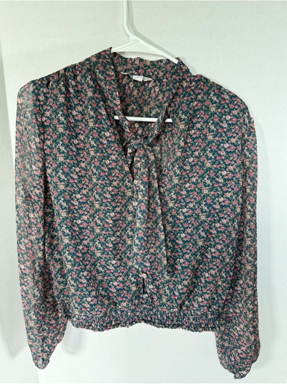 American Eagle Outfitters Floral Tie-Neck Blouse - Pink on Dark Green